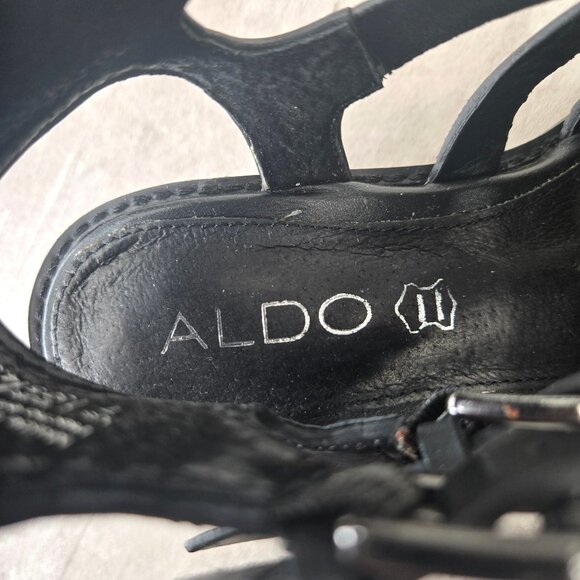 Aldo Fisherman Sandals Sz 7 Black Leather Grunge Goth Strappy Caged Chunky Lug - Picture 11 of 12